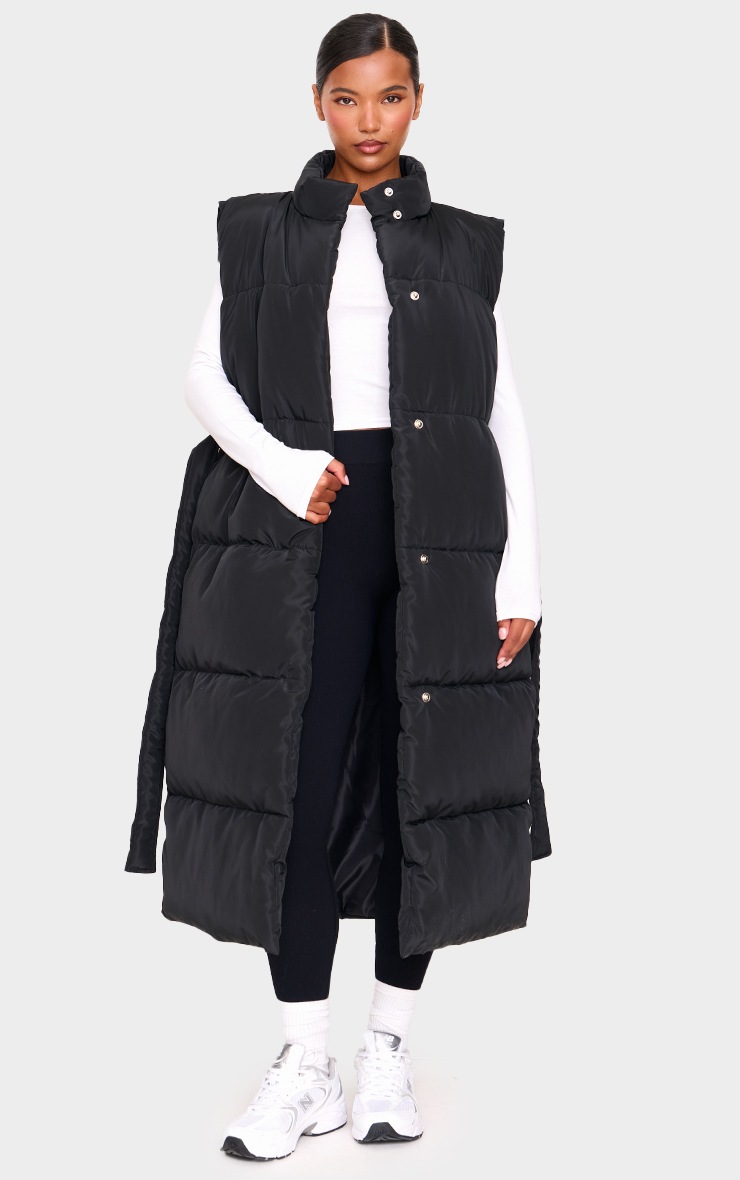 Black Quilted Longline Tie Waist Gilet image 3