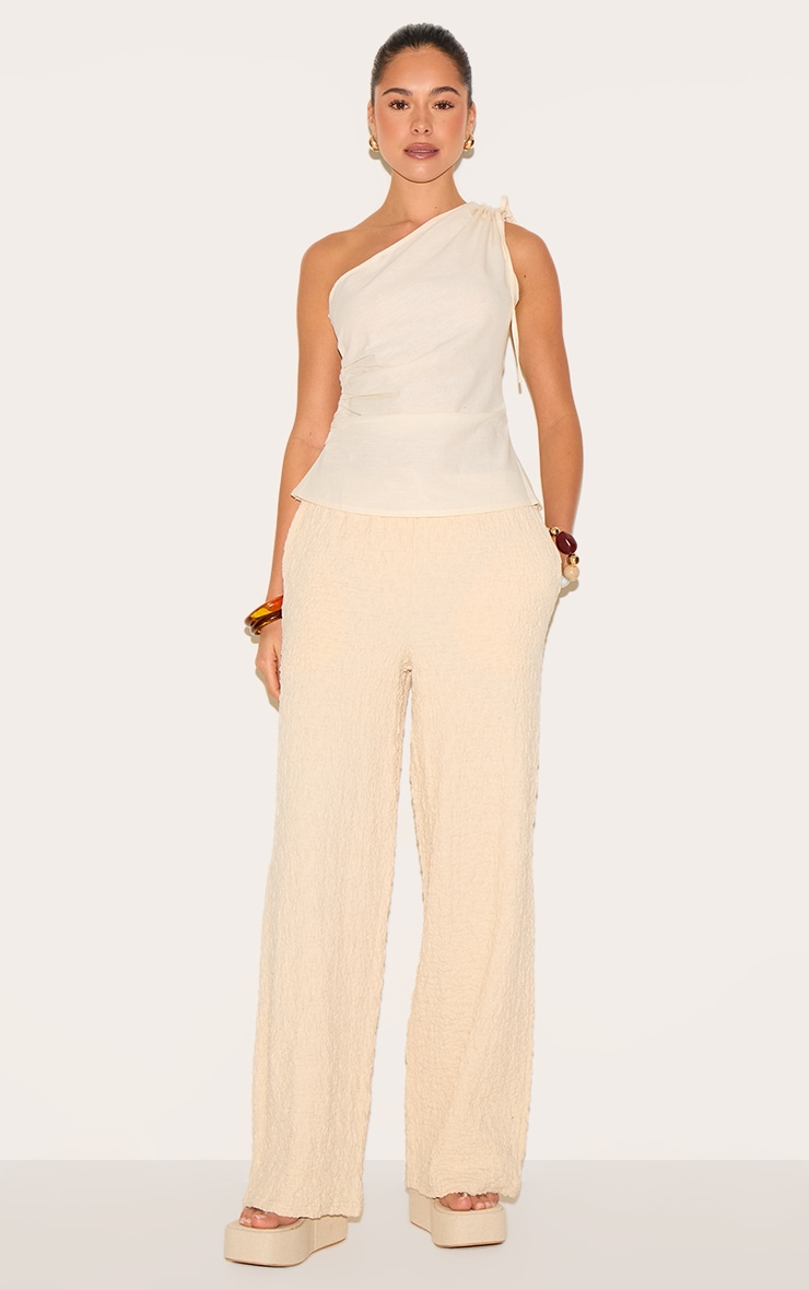 Cream Textured Jersey Drawstring Waist Wide Leg Pants image 2