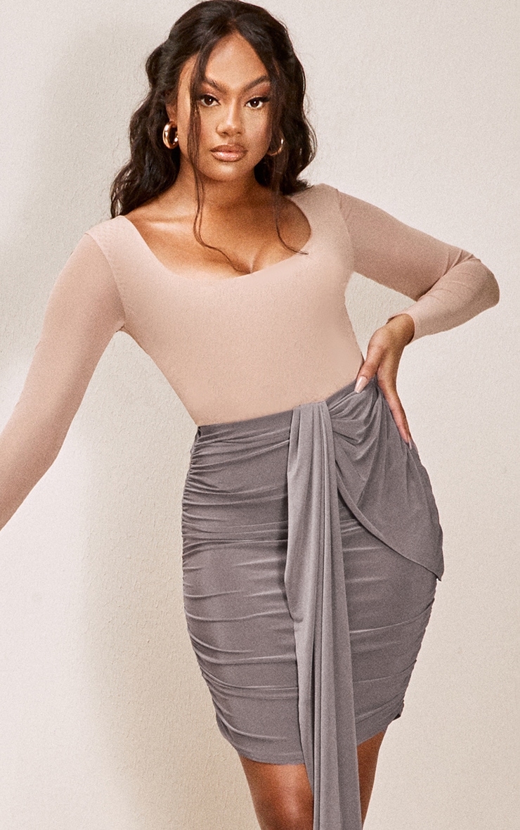 Body manches longues nude en mesh à col rond