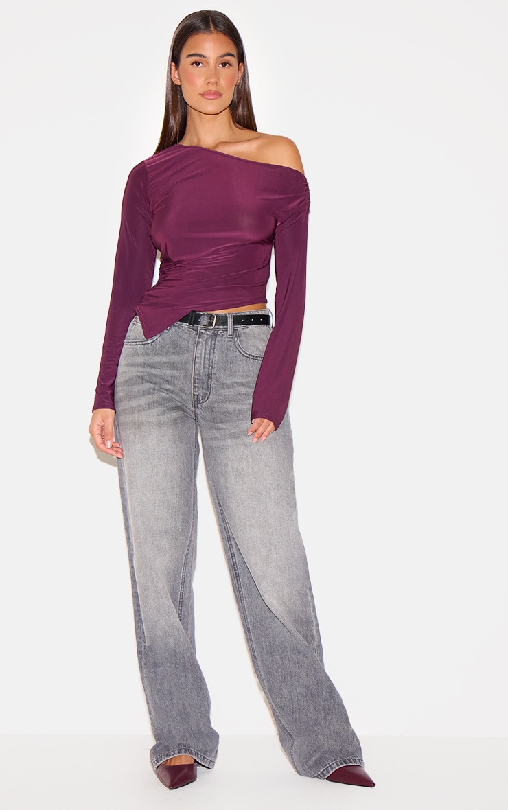 Plum Soft Touch Asymmetric Ruched Long Sleeve Top image 3