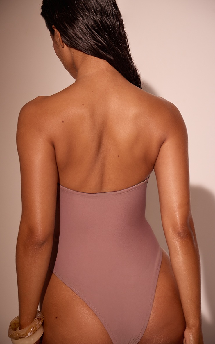 Taupe Leaf Embroidered Bandeau Swimsuit image 2