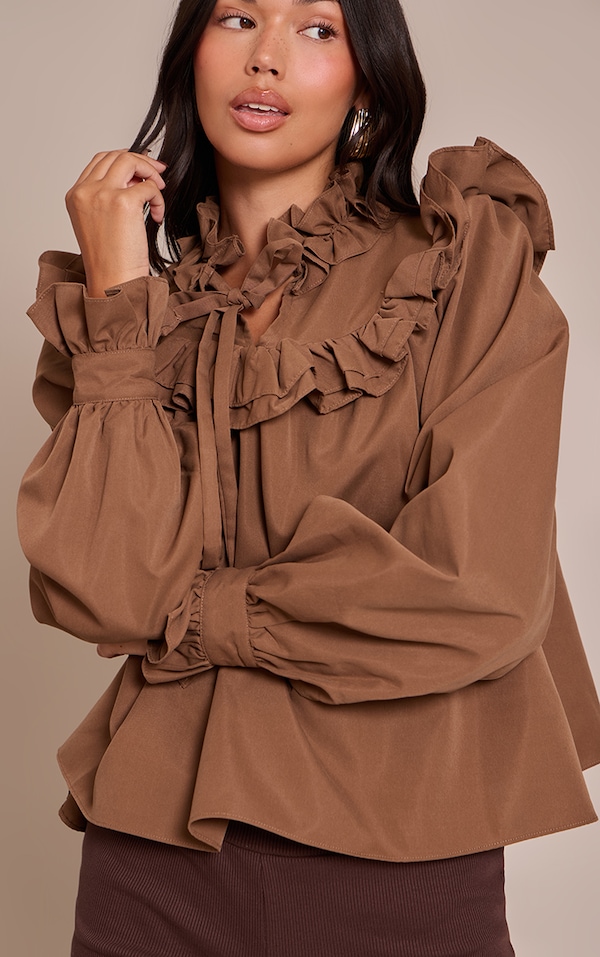 Chocolate High Neck Cotton Frill Detail Long Sleeve Shirt