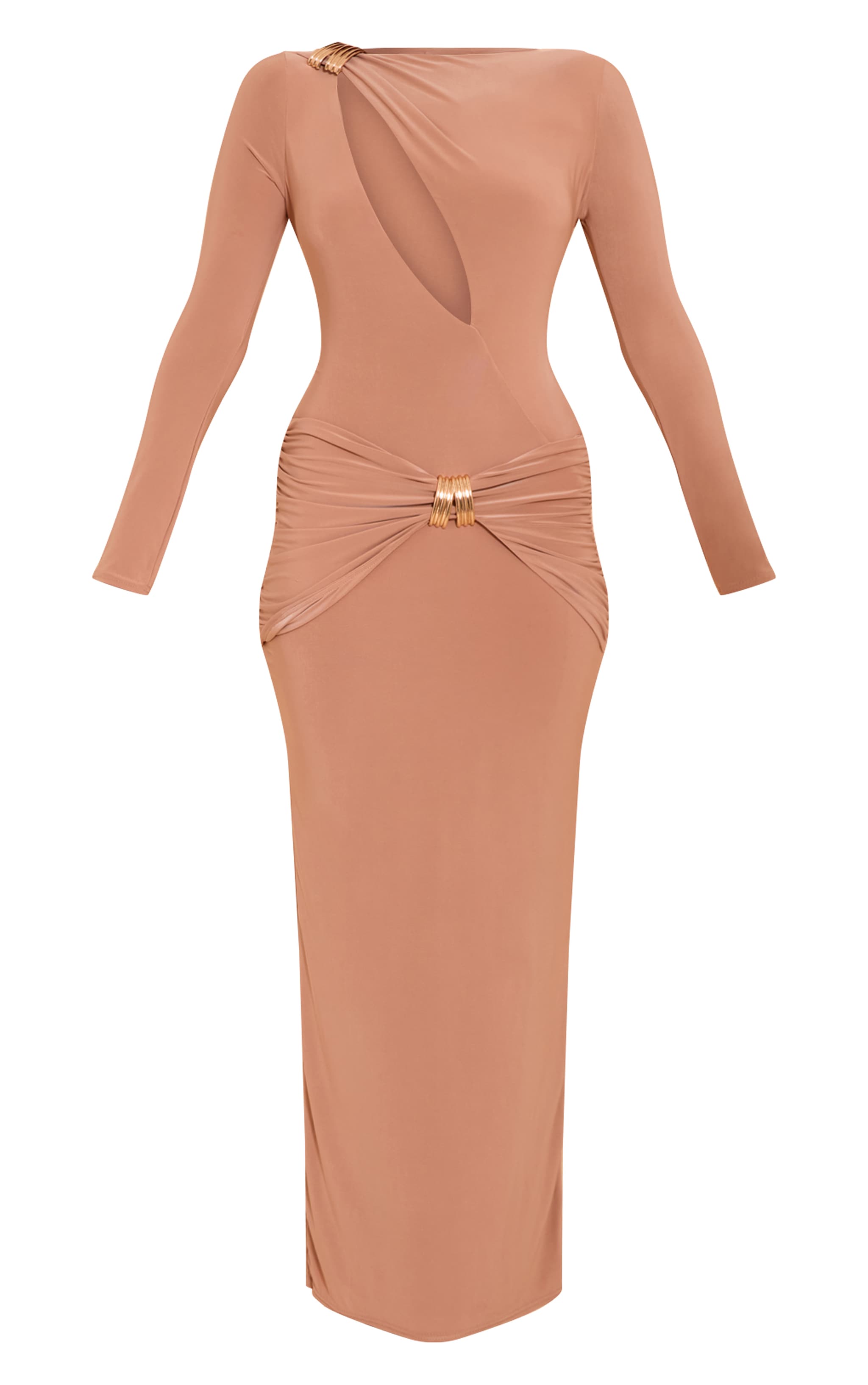 Beige Double Layer Slinky Cut Out Trim Detail Maxi Dress image 5