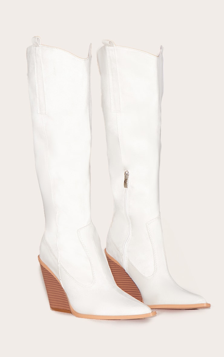 Cream Faux Suede Point Toe Western Knee High Heeled Boots image 2