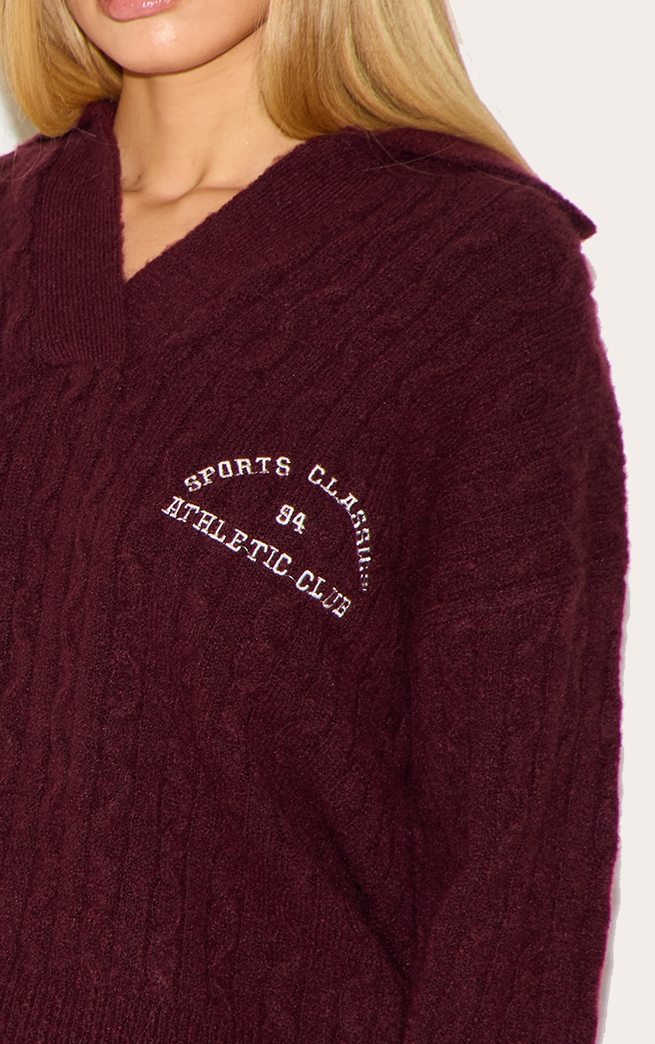 Burgundy Soft Cable Knit Embroidered Collar Detail Oversized Sweater image 4