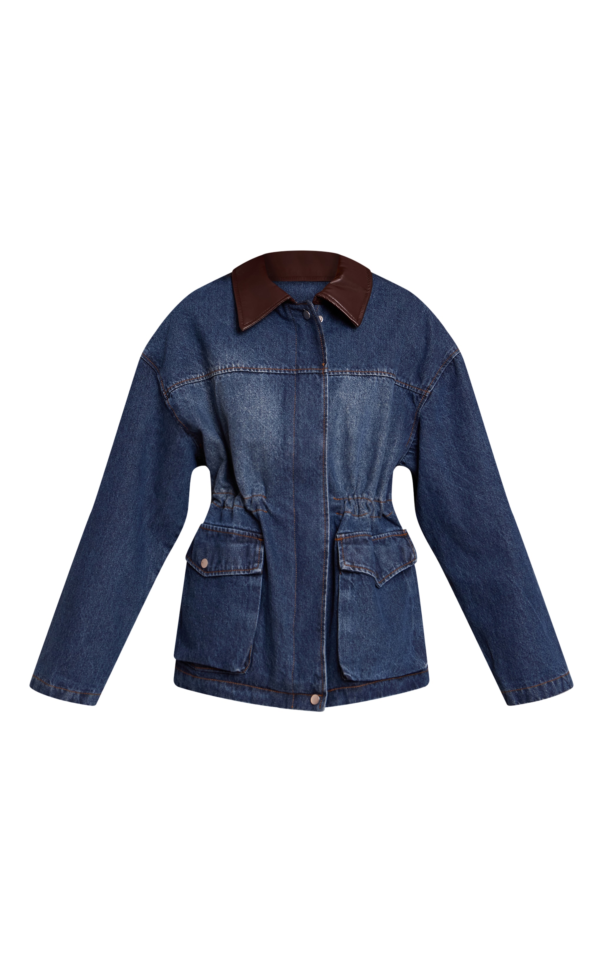 Dark Blue PU Contrast Collar Cinched Denim Jacket image 5