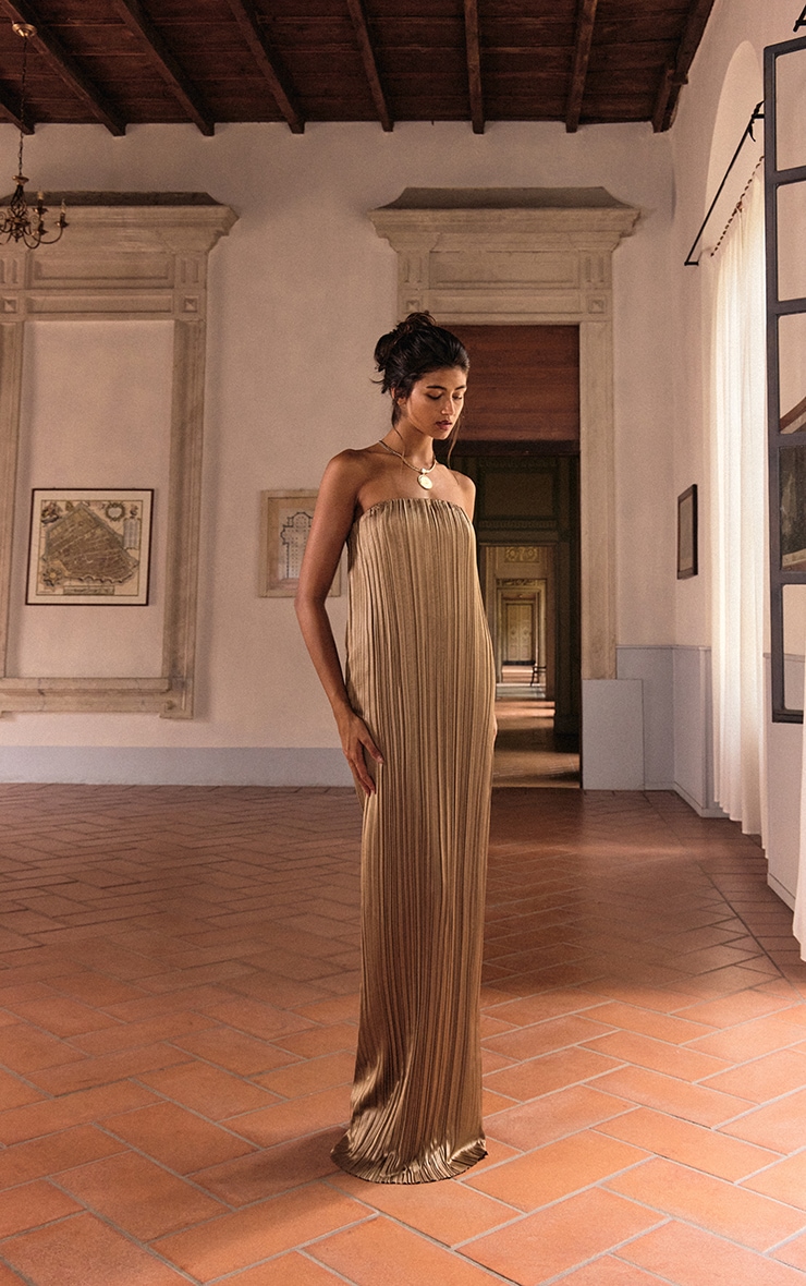 PLT Label Gold Plisse Satin Column Bandeau Maxi Dress image 3