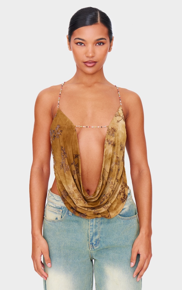Khaki Devore Cowl Neck Beaded Detail Top