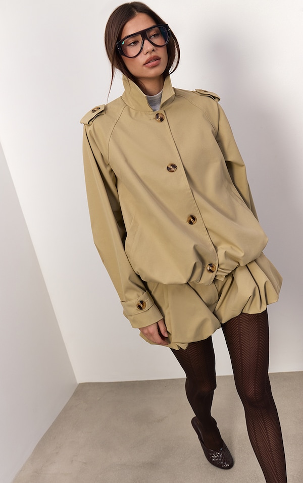 Stone Puffball Hem Cropped Trench Jacket