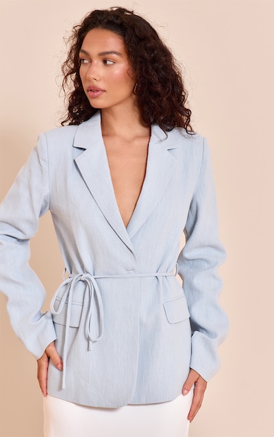 Light Blue Tie Waist Linen Look Blazer