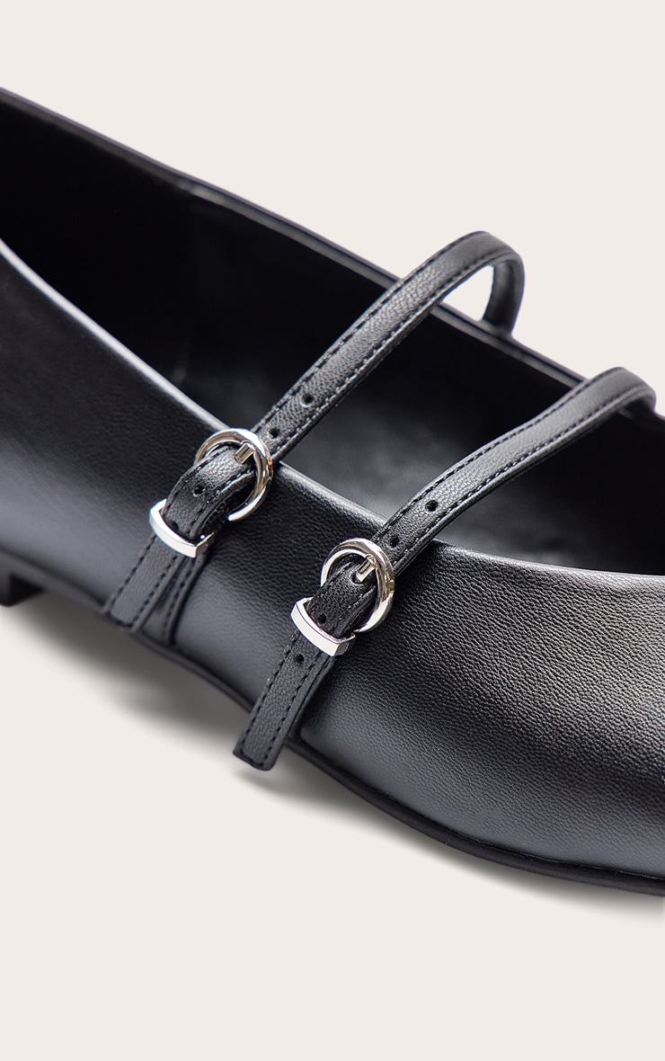 Black PU Round Toe Ballet Flat With Silver Buckle Detail image 5