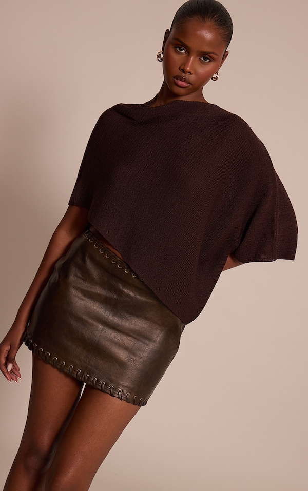 Dark Brown Faux Leather Plaited Mini Skirt