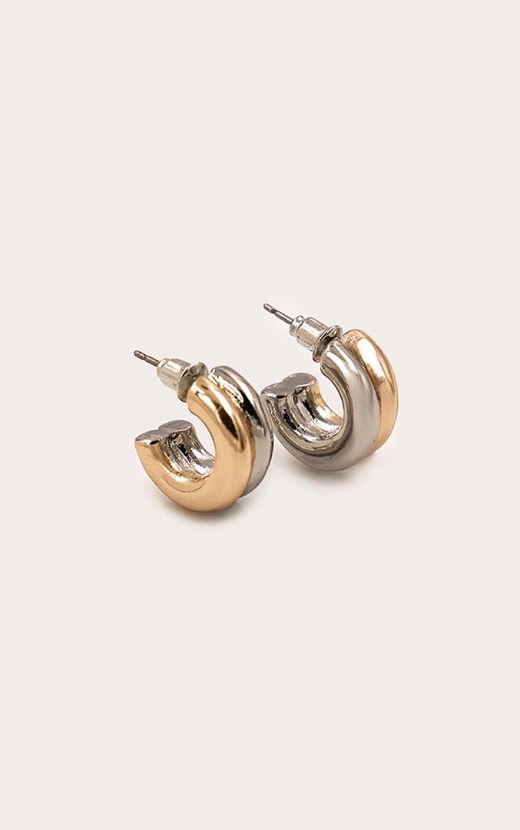 Two Tone Gold and Silver Double Hoop Earrings image 2