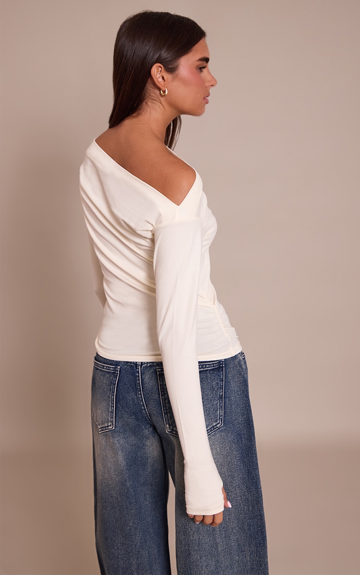 Cream Soft Cotton Ruched Asymmetric Long Sleeve Top image 2