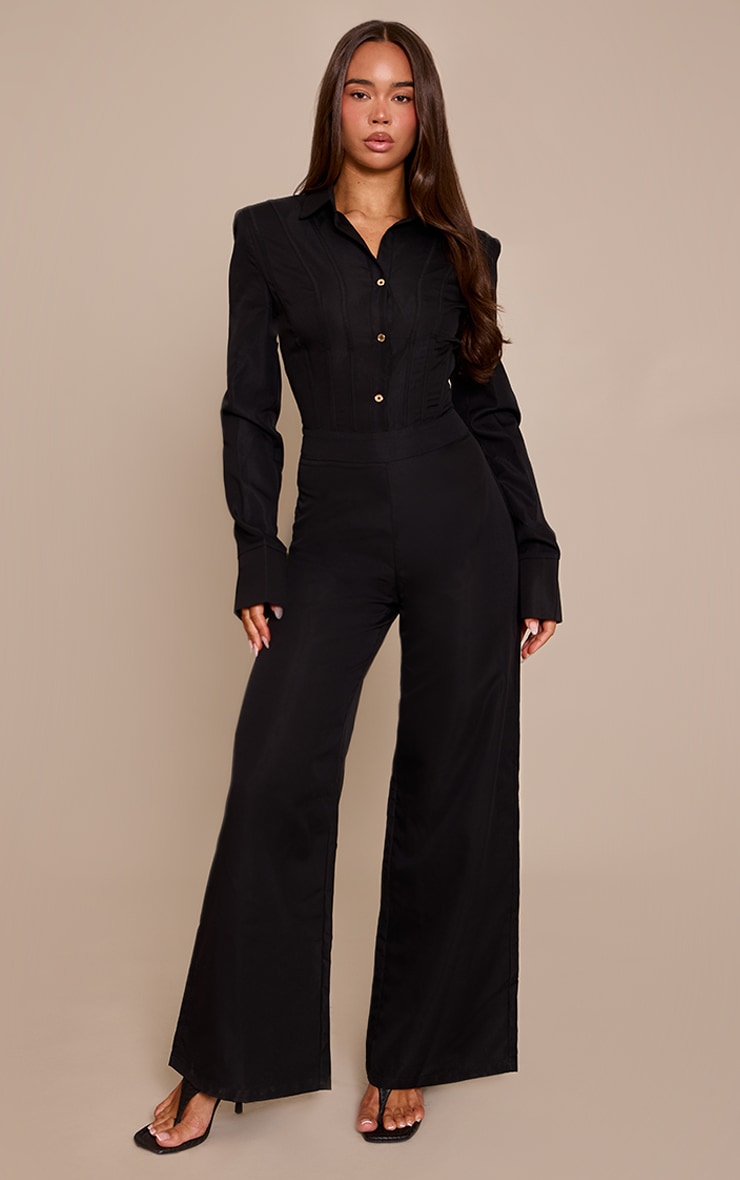 Black Woven Button Detail Long Sleeve Jumpsuit image 1
