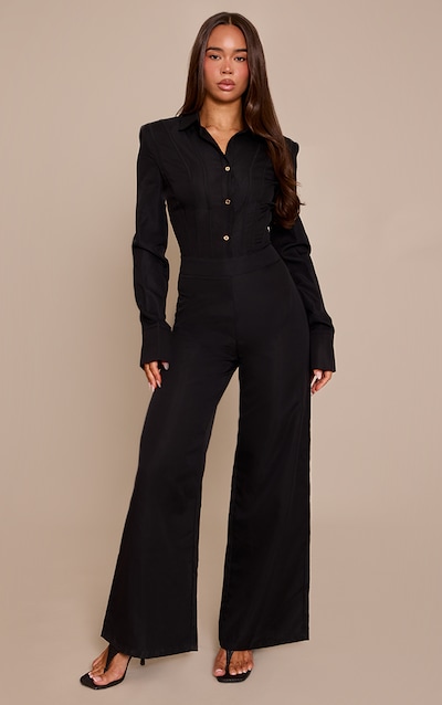 Black Woven Button Detail Long Sleeve Jumpsuit