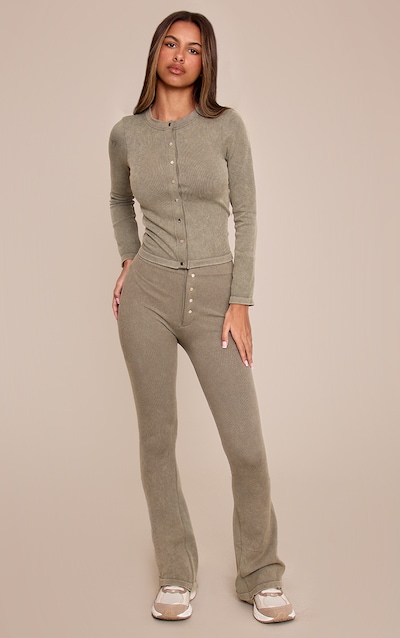 Petite Olive Snatched Rib Button Detail Flare Leggings