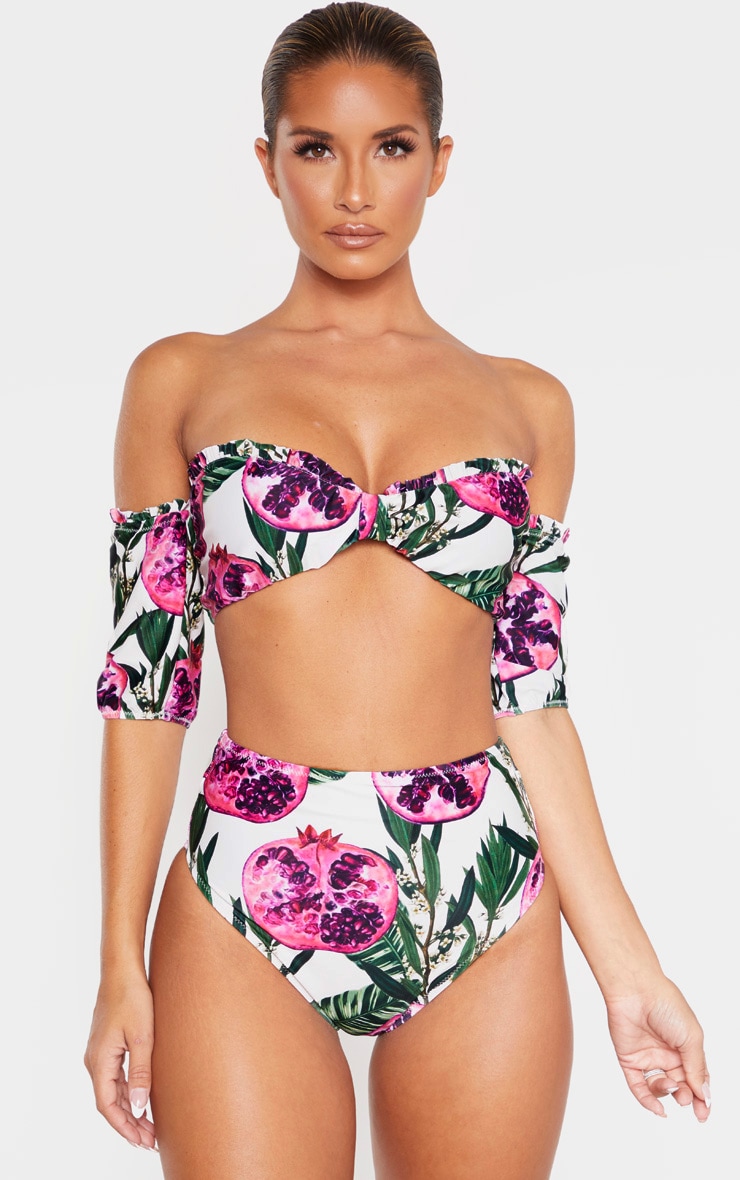 Pink Pomegranate Bandeau Puff Sleeve Bikini Top