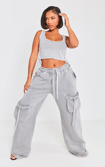 Shape Light Grey Washed Double Waistband Pocket Detail Wide Leg Track Pants