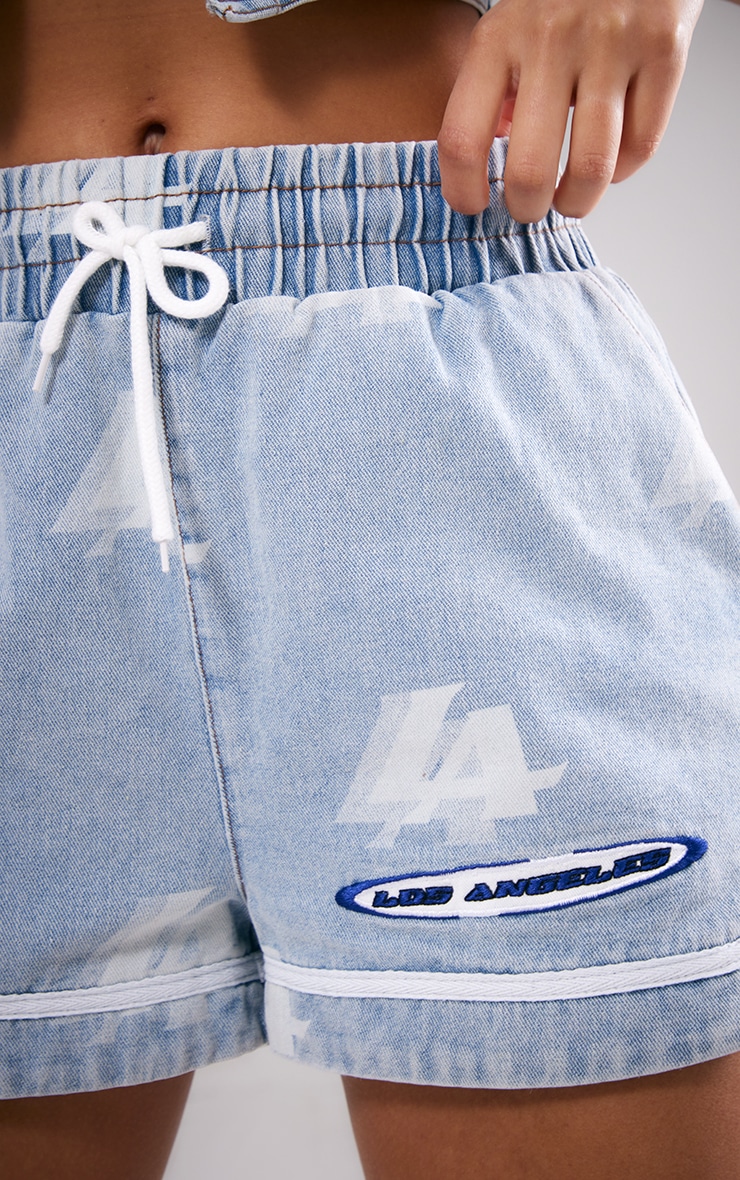 Light Blue Wash Printed Elasticated Waist Denim Track Pant Shorts image 5