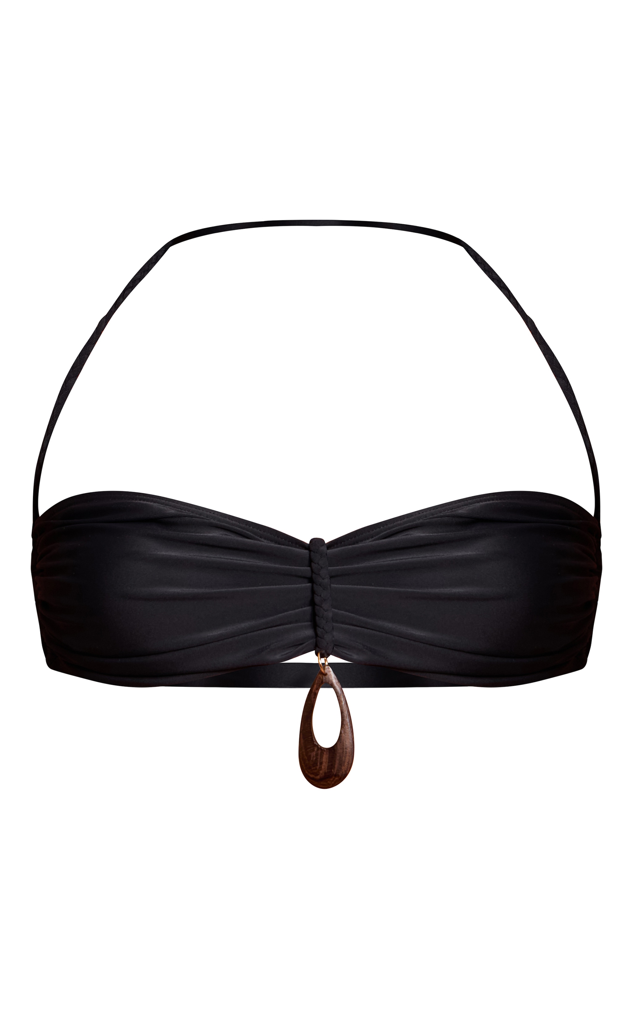 Black Plaited Wood Ring Detail Ruched Bikini Top image 5