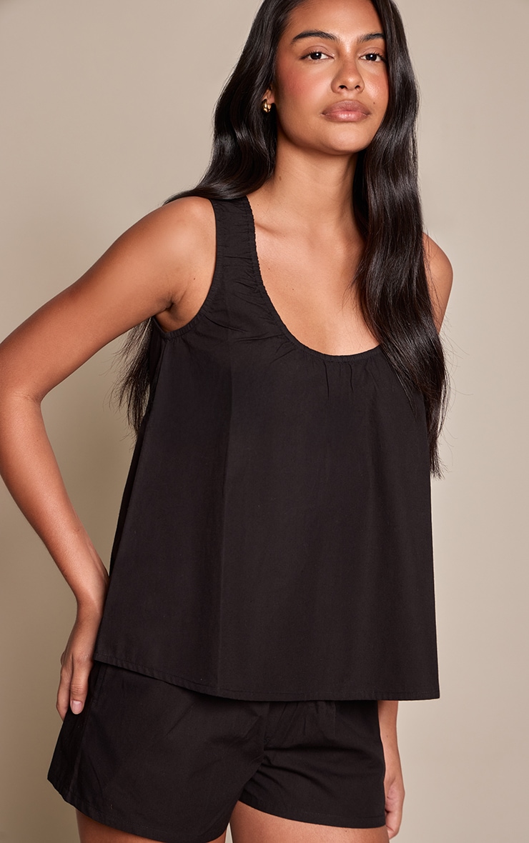 Black Cotton Ruched Scoop Neck Top