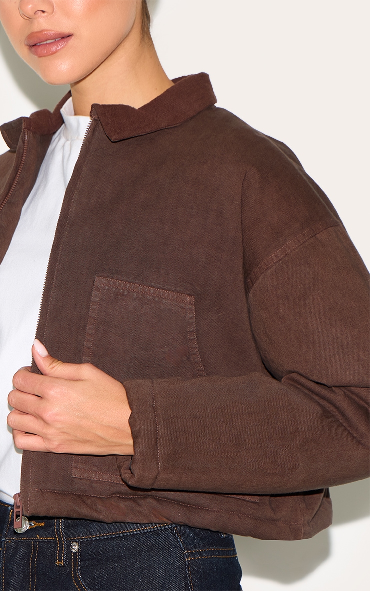 Chocolate Twill Contrast Collar Cropped Jacket image 4