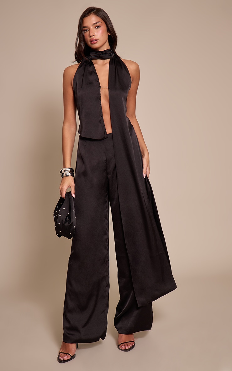 Black Satin Drape Wide Leg Jumpsuit image 1