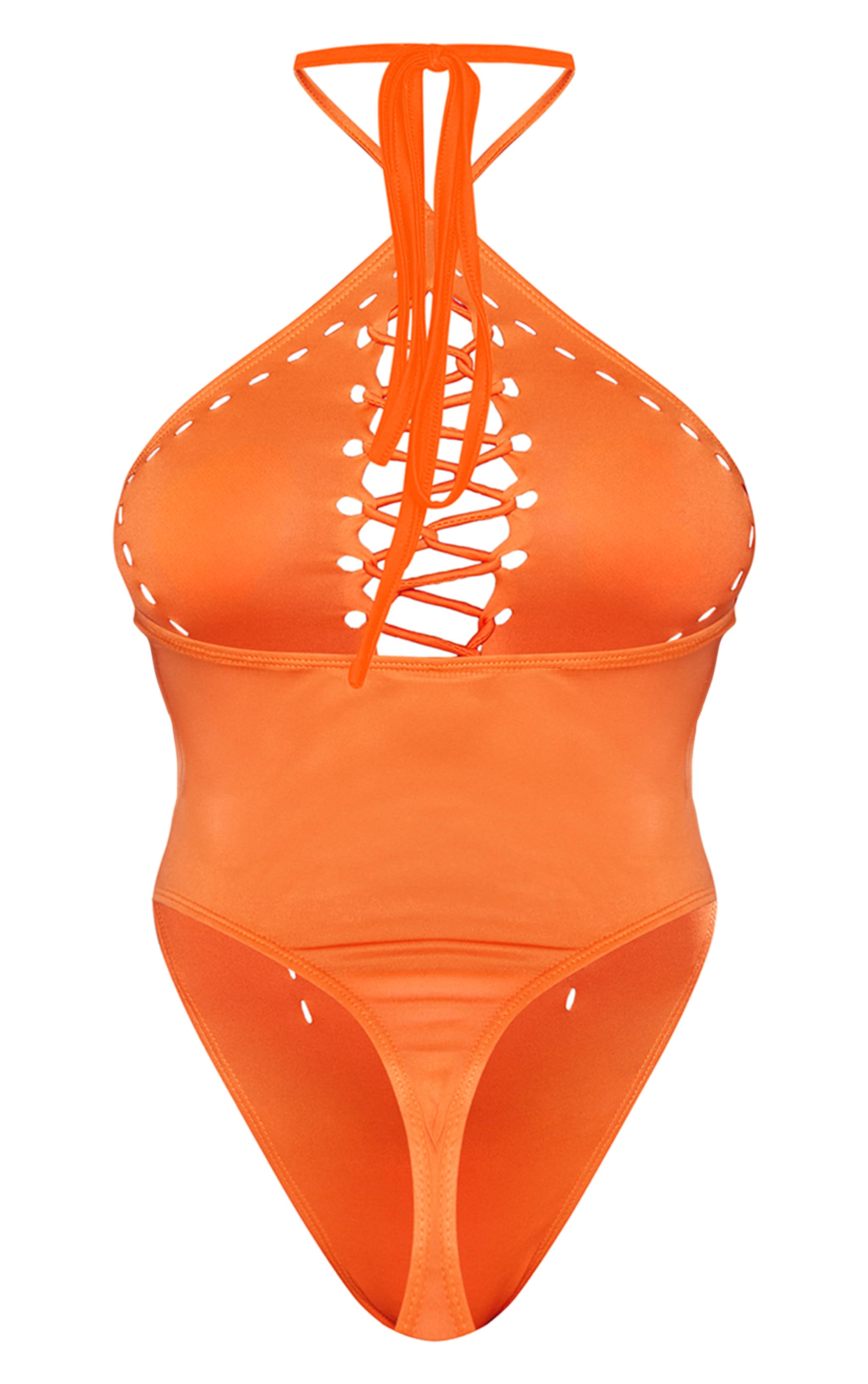 Orange Slinky Lace Up Front Cut Out Halter Bodysuit image 6