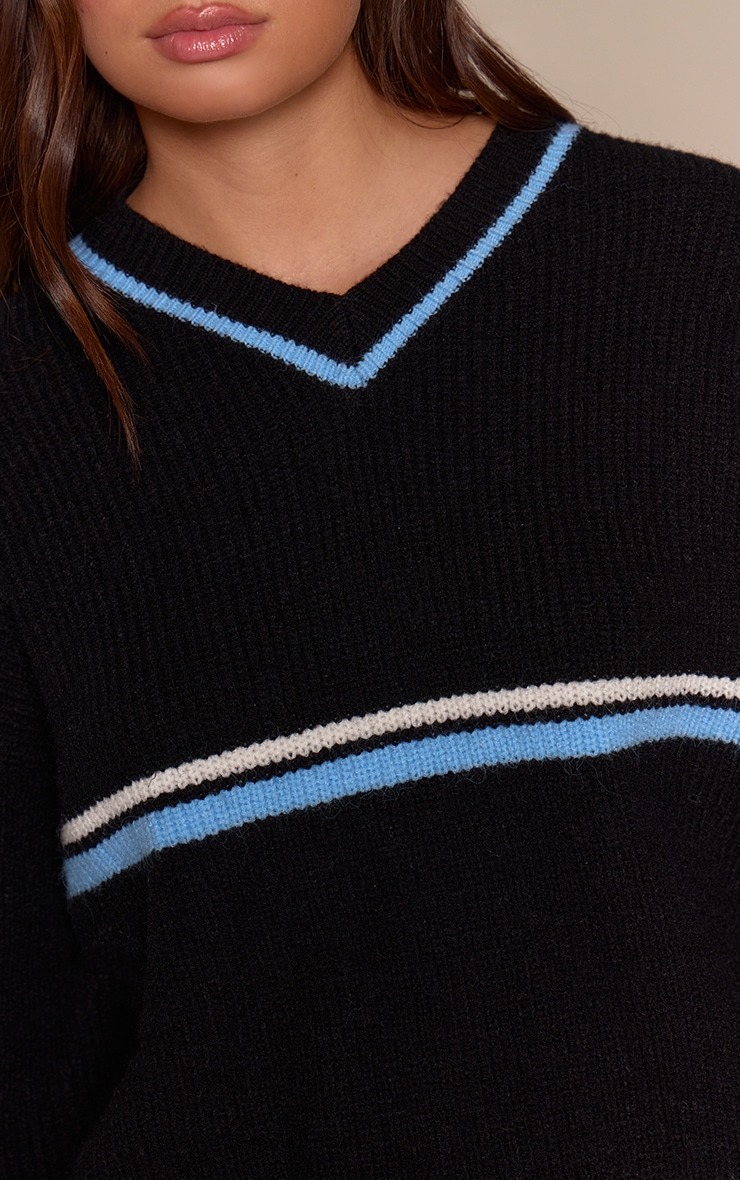 Black V Neck Stripe Sporty Jumper image 4