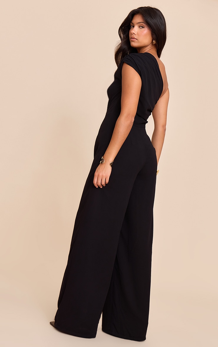 Black Chiffon One Shoulder Ruched Jumpsuit image 2