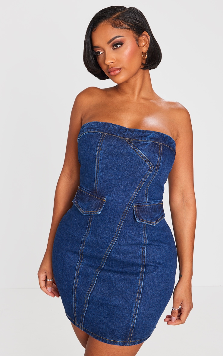 Shape Dark Indigo Denim Bandeau Cargo Bodycon Dress image 3