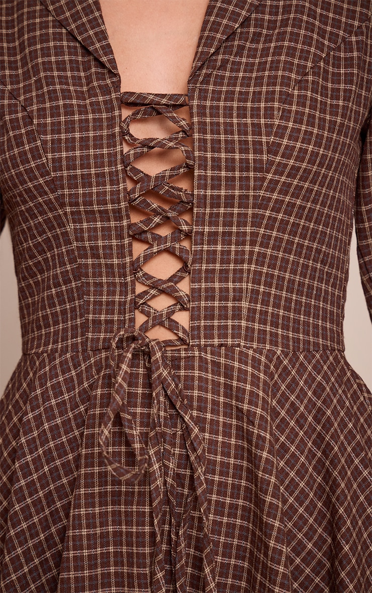 Brown Check Lace Up Long Sleeve Shift Dress image 4