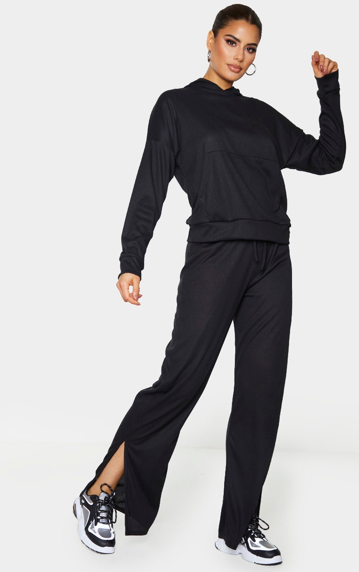 Tall Black Ribbed Split Hem Flared Trousers