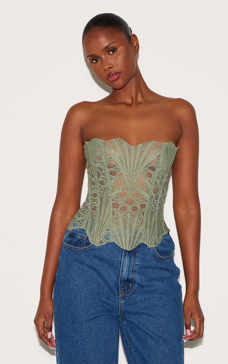 Sage Textured Sheer Floral Lace Corset image 1