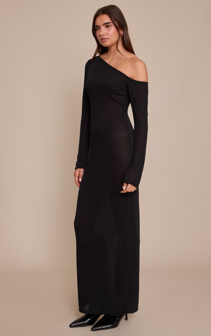Black Textured Jersey Asymmetric Long Sleeve Maxi Dress image 3