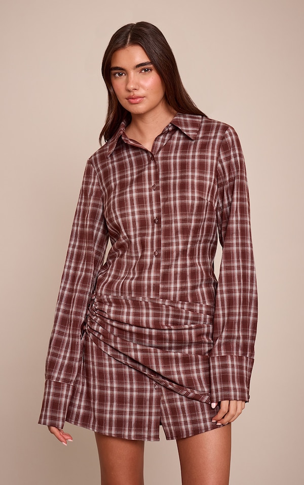 Brown Check Wrap Details Shirt Dress