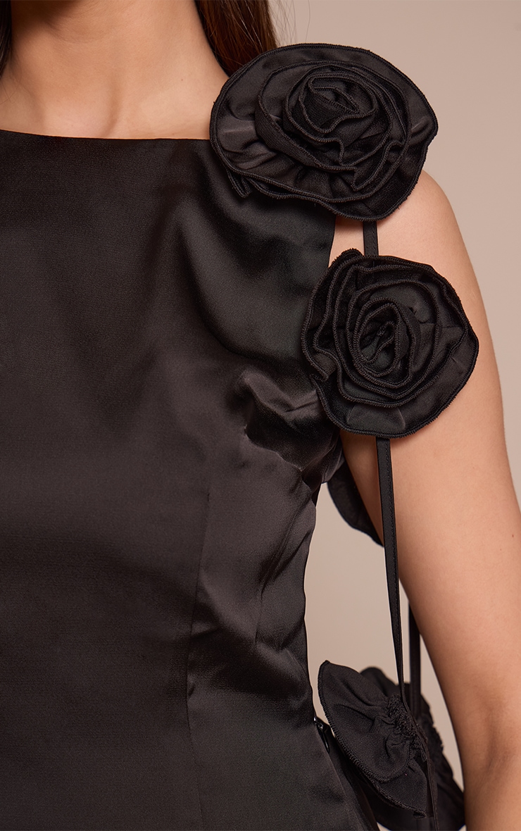 Black Satin Corsage Boat Neck Mini Dress image 4