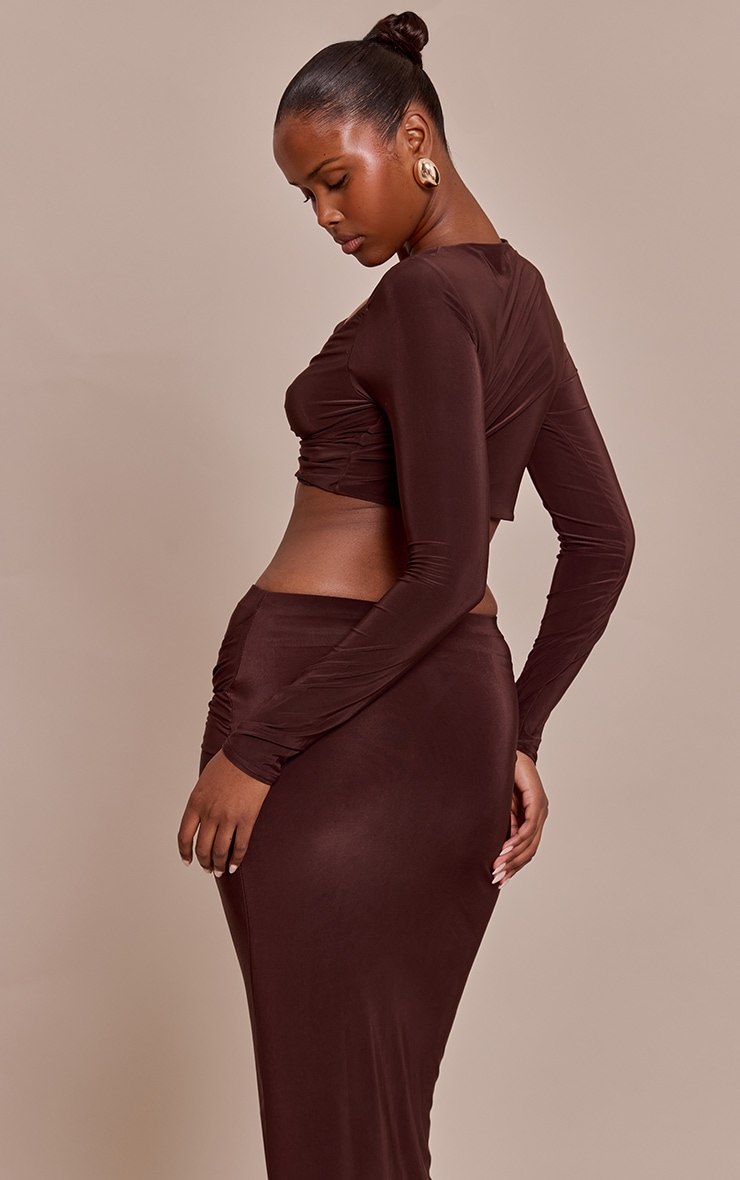 Chocolate Slinky Cut Out Long Sleeve Twist Detail Trim Crop Top image 2