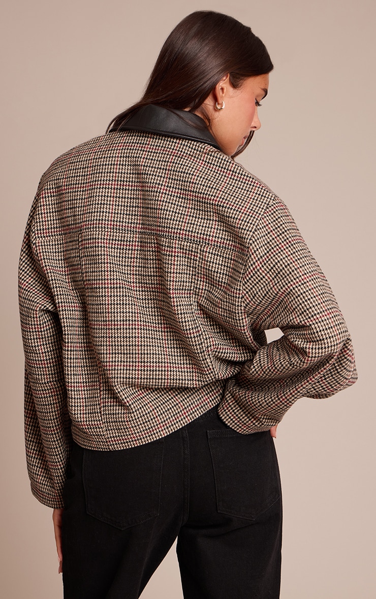 Brown Checked PU Collar Zip Up Jacket image 2
