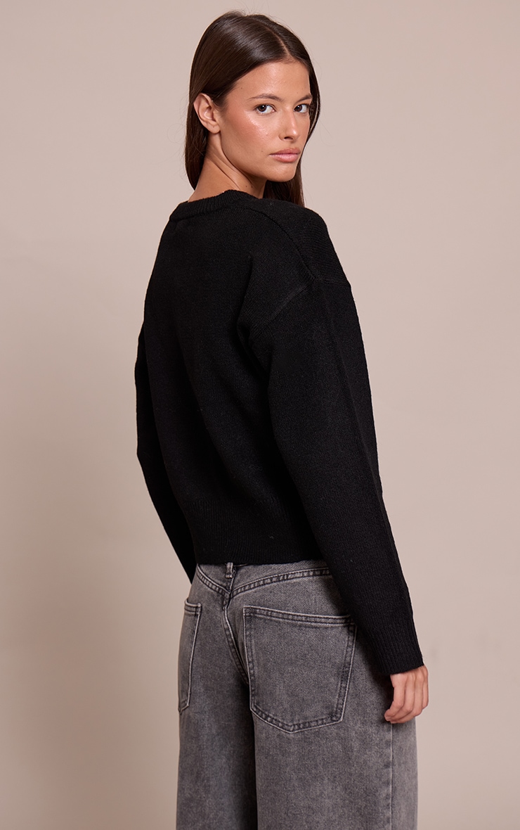 Black Crew Neck Knit Cardigan image 2
