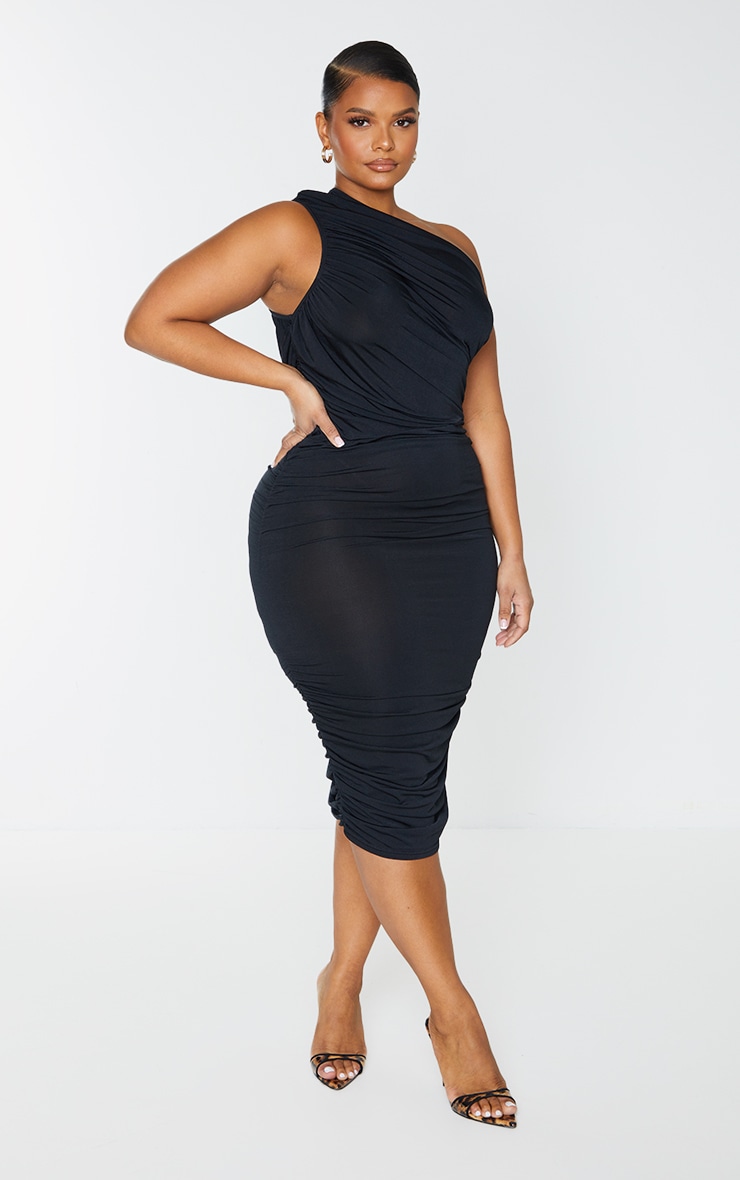 Plus Black Slinky Ruched One Shoulder Longline Midi Dress image 3