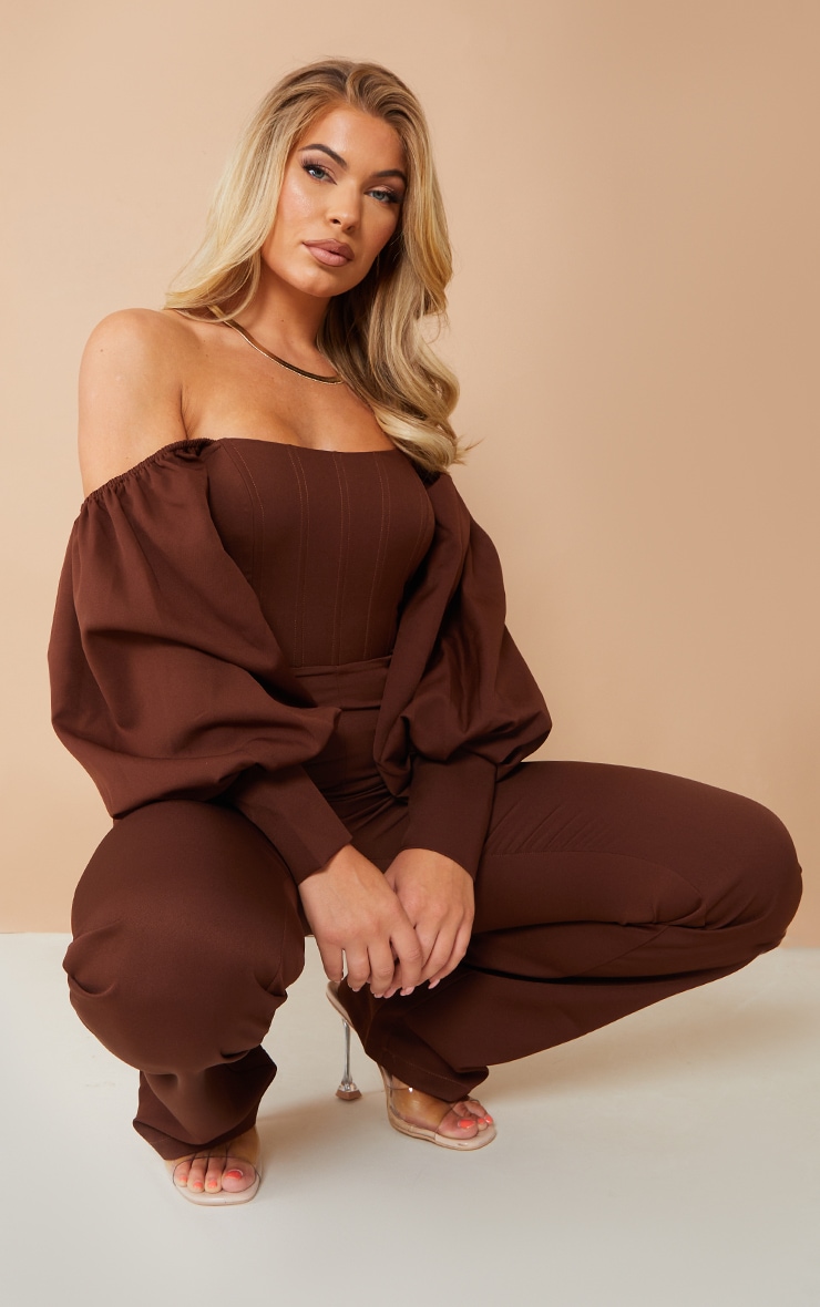 Chocolate Bardot Balloon Sleeve Corset Jumpsuit image 3