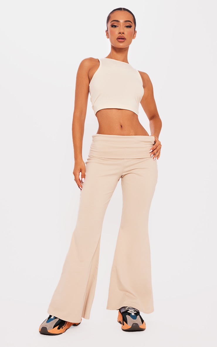 Petite Stone Cotton Fold Detail Flared Trousers image 1