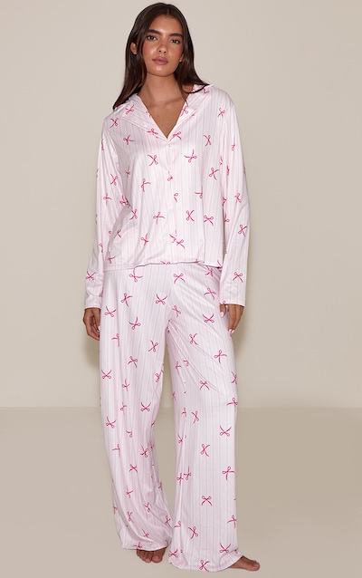 Pink Bow Striped Long Sleeve Button Through PJ Set