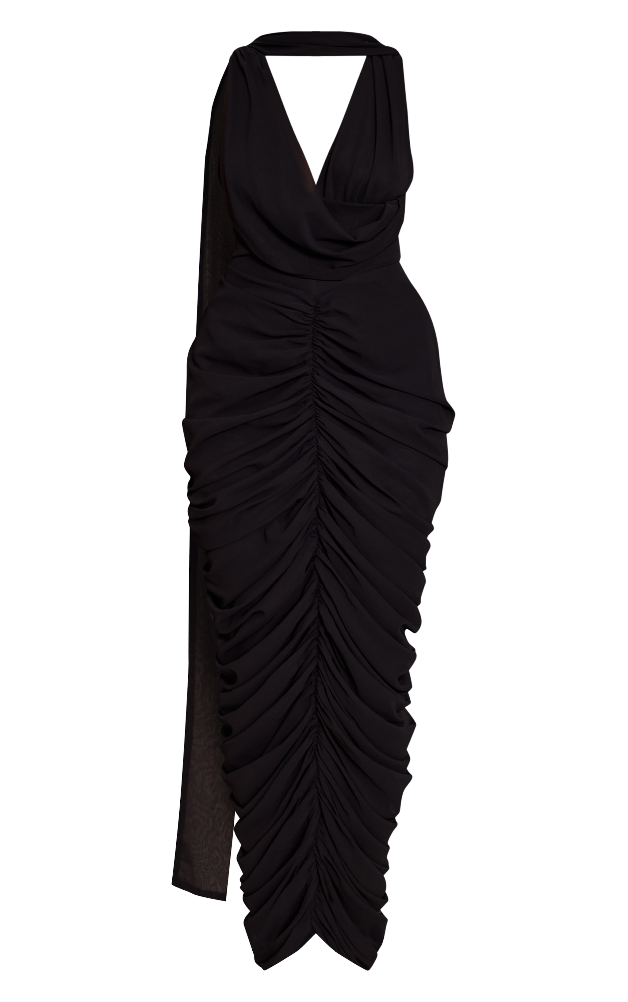 Black Chiffon Scarf Detail Ruched Maxi Dress image 5