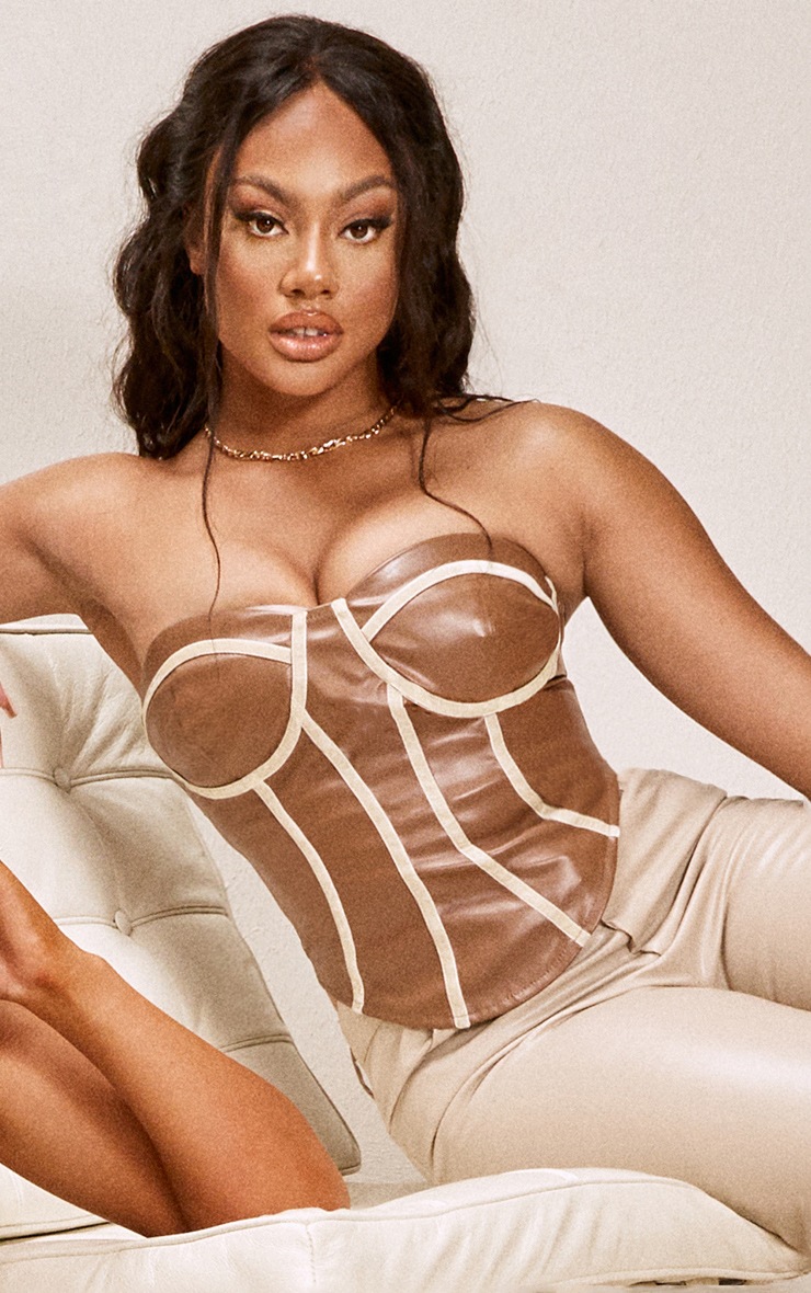Chocolate PU Contrast Binding Bandeau Corset