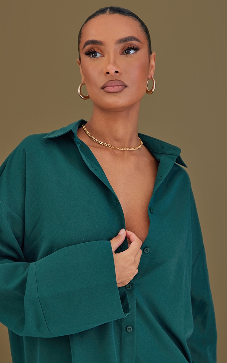 Robe chemise oversize en popeline vert forêt à mancherons larges