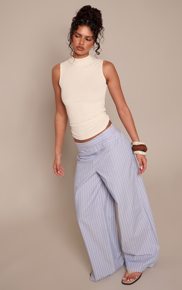 Blue Stripe Folded Waist Tie Straight Leg Trousers