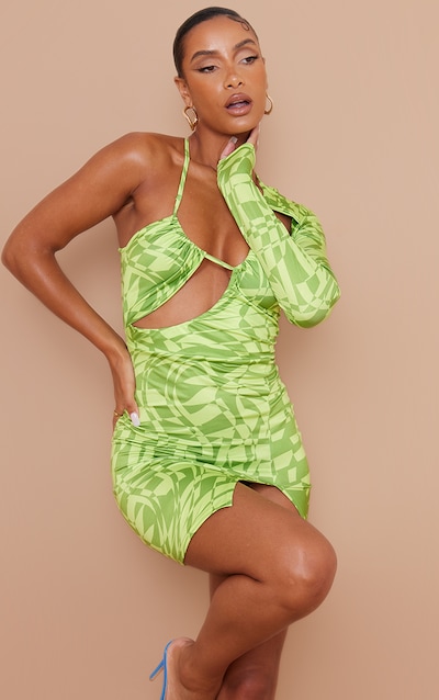 Lime Optical Print Slinky Cut Out One Shoulder Bodycon Dress